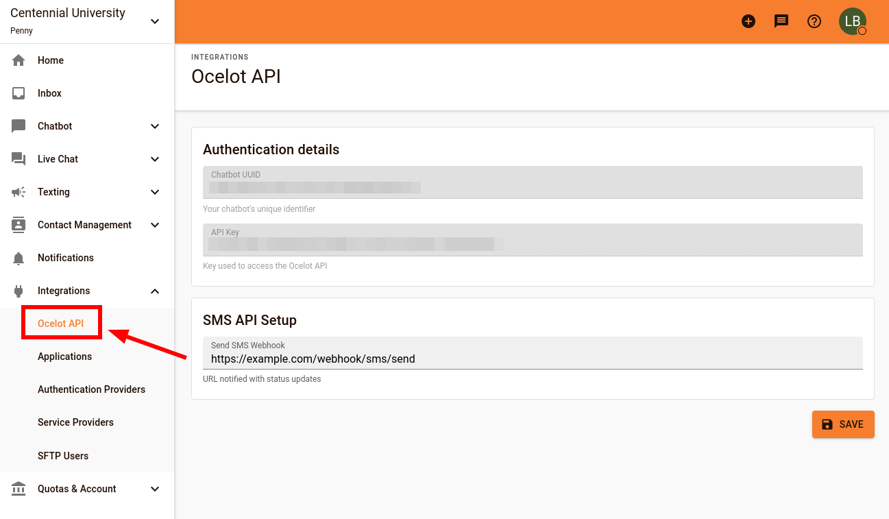 Admin Portal - Ocelot API configuration page
